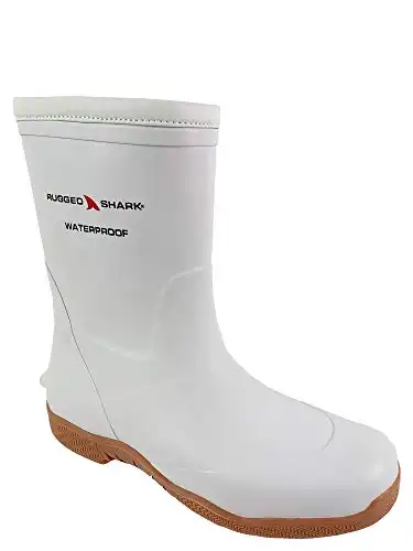 RUGGED SHARK Men's Great White Fishing Boots, Waterproof Deck Boots, Comfortable No-Slip Sole, White, Men's Size 8M